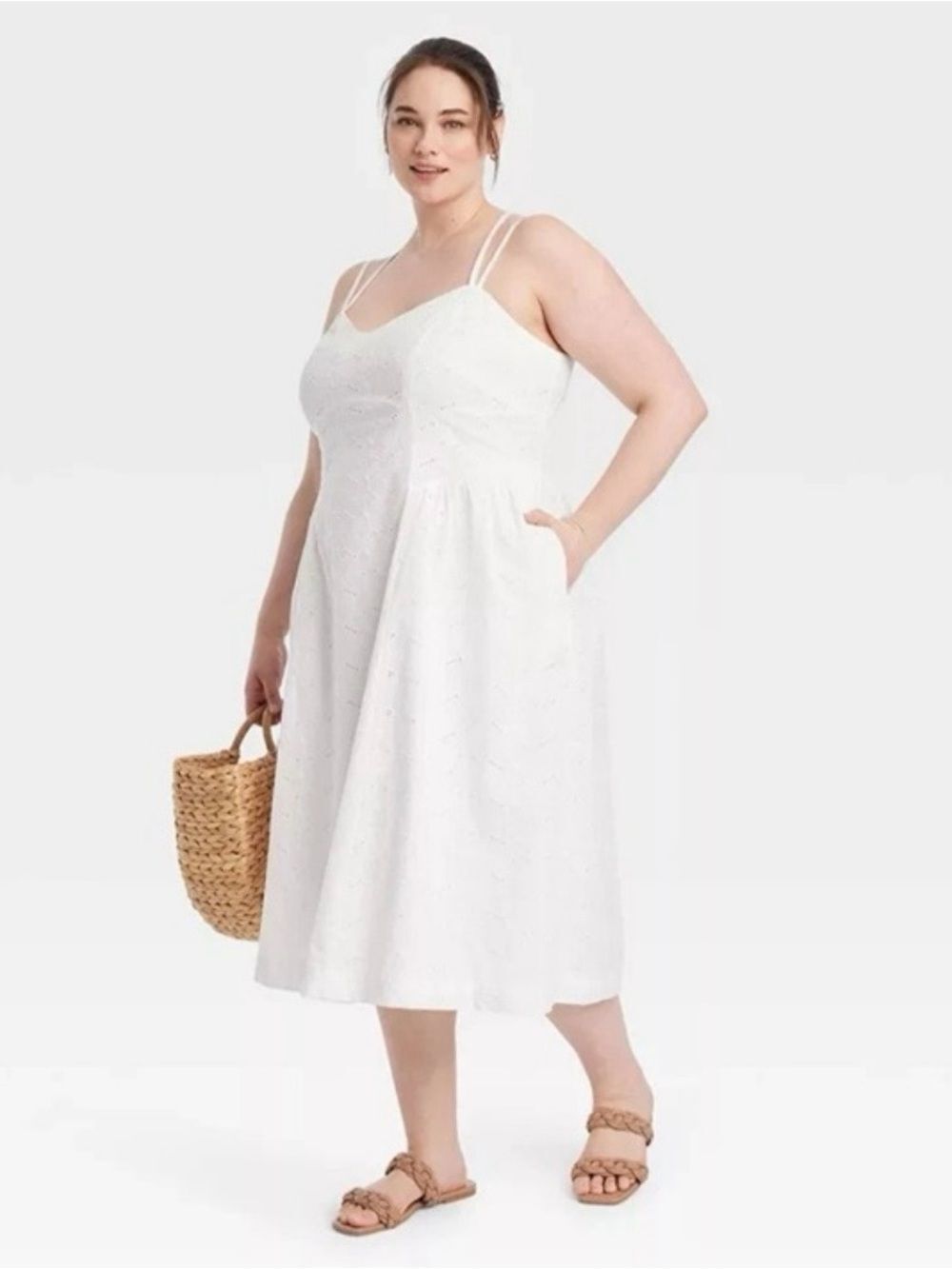 A New Day White Eyelet Midi Sundress XXL NWT Smocked Back Adjustable Straps